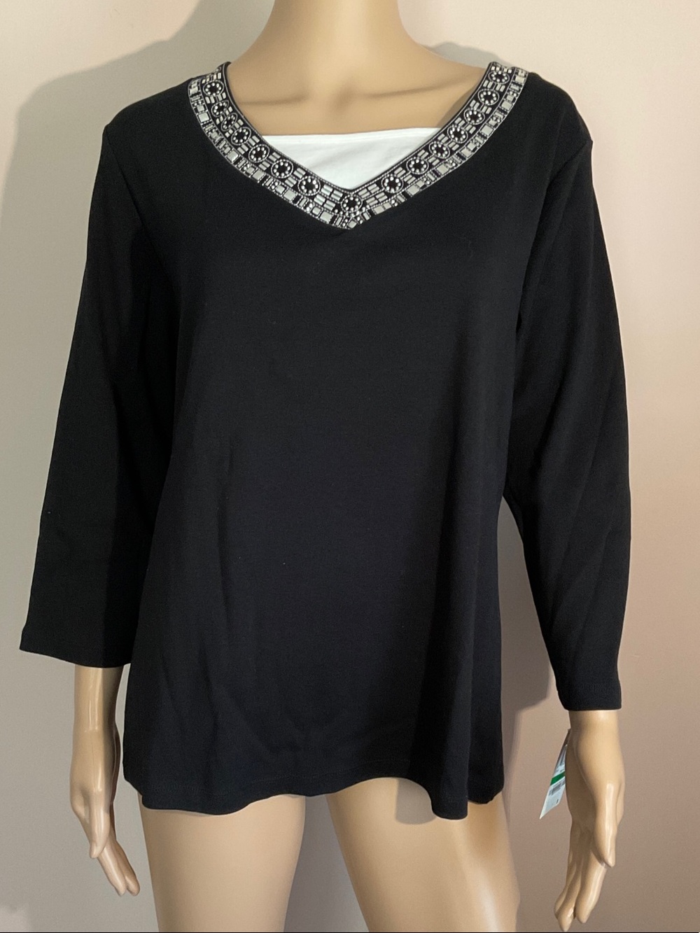 Black Long-Sleeve Faux Layered V-Neck Top with Metallic Trim